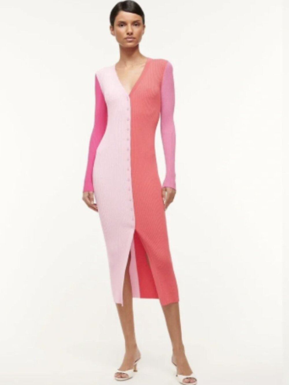 NWT STAUD Shoko Sweater Knit Ribbed Button Front Dress Flamingo Pink M